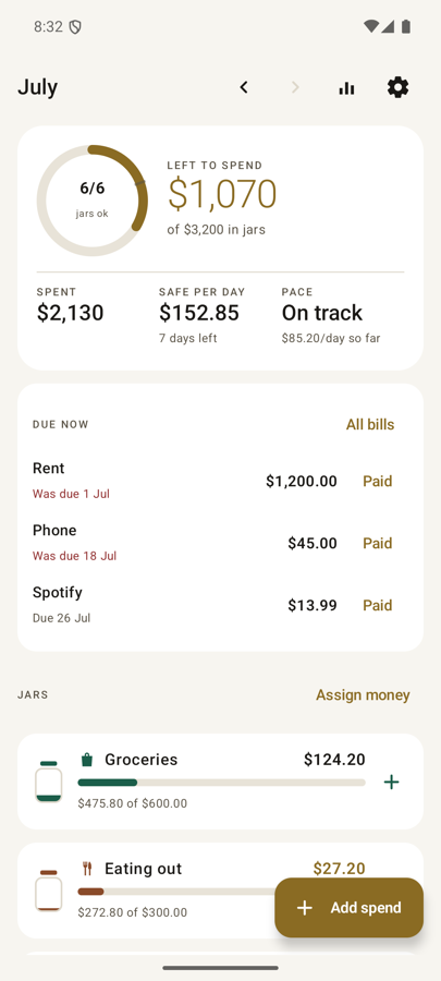 Jarly's home screen with a money-left ring, pace marker, and every jar as a row