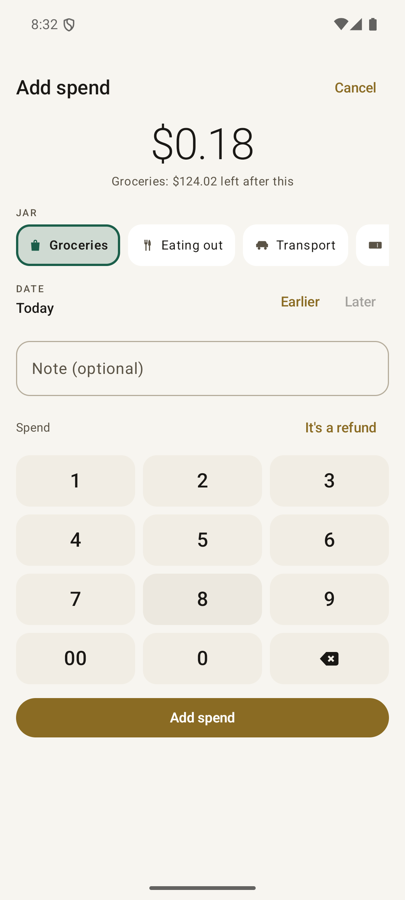 The spend sheet with a purpose-built keypad showing what the jar has left after this spend